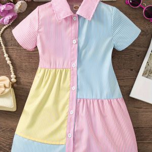 Girls' Color Matching Button-Up Short Sleeve Dress for Summer Outdoor Activities