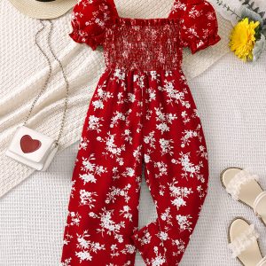 Floral Graphic Puff Sleeve Frill Trim Shirred Romper Jumpsuit for Girls, Summer Beach Vacation Clothes