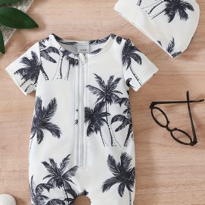 Infant & Toddler Kid's Coconut Tree Pattern One-piece Swimsuit & Swimming Cap, Stretchy Bathing Suit, Baby Boy's Swimwear For Beach Holiday