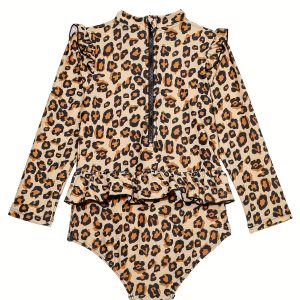 Leopard Print Flutter Trim Long Sleeve 1-piece Swimsuit Girls Comfy Bathing Suit