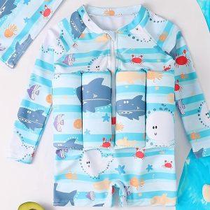 Baby Boys And Girls Cute Cartoon Graphic Print Long Sleeve Zipper One Piece Buoyancy Swimsuit & Swimming Cap Set Clothes