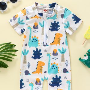 Baby Boy's Cartoon Dino Pattern Cute Swimsuit, Short Sleeve Zipper Front Swimwear