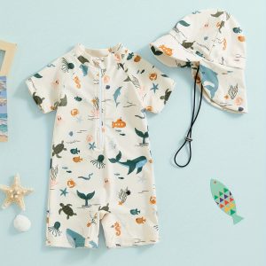 one-piece Cartoon Ocean Creature Pattern Baby Boys Swimsuit & Hat Set - Quick Dry Summer Beachwear