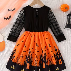 Sweet & Quirky Mesh Long Sleeve Halloween Dress for Girls, A-Line Dress for Spring/Fall Holidays