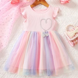 Girls Rhinestone Decor Flying Sleeve Rainbow Tutu Cute Princess Dress For Summer