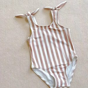 Girls Bow Shoulder Decor High Elastic Striped Swimsuit Holiday Beach Swimwear