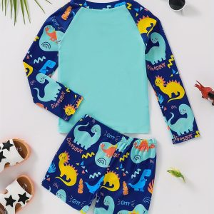 2pcs Cute Dinosaur Surfing Pattern Swimsuit For Boys, T-shirt & Swim Trunks Set, Stretchy Surfing Suit, Boys Swimwear For Summer Beach Vacation