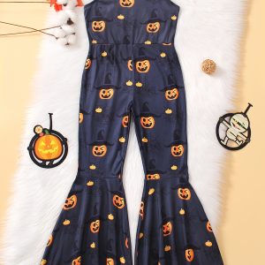 Festive Pumpkin Print Jumpsuit for Kids - Cozy Knit Romper with Stretch, Regular Fit, Fall/Winter Outfit