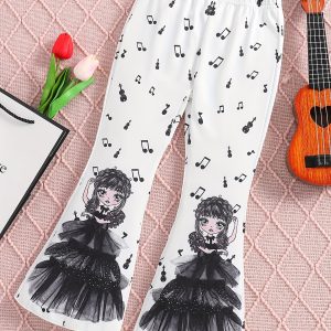 Girls Adorable Cartoon Portrait Lace Trim Flared Pants, Spring And Autumn, Gift Idea