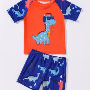 Boy's Swimming Suit, Swimming Trunks & Tops 2pcs, Cartoon Dinosaur Listening To Music Print, For Beach Vacation, Casual Kids Clothes Sets