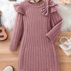 Elegant Girls' Long Sleeve Bow Ribbed Dress for Spring/Fall, Perfect Gift for Dinner Parties