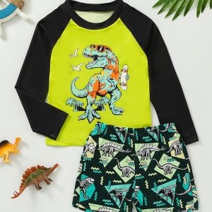 2pcs Cool Dinosaur With Sunglasses Pattern Swimsuit For Boys, T-shirt & Swim Trunks Set, Stretchy Surfing Suit, Boys Swimwear For Summer Beach Vacation