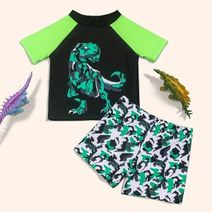 Toddler Boys Swimsuit Color Block T-shirt + Matching Shorts With Dinosaur Print Baby Kids Clothes Summer