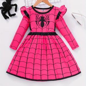 Spider-Man Pink Pleated Dress for Girls, Long Sleeves, Knee-High Outfit for Spring/Fall, Ages 2-8