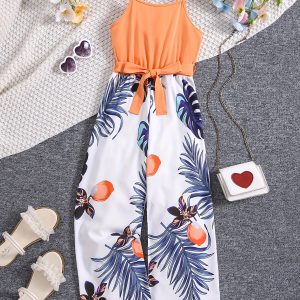 Elegant Girl's Splicing Tropical Pants Graphic Cami Jumpsuit For Summer Holiday Gift Party