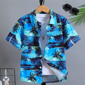 Boy's Hawaiian Aloha Shirt - Coconut Tree Pattern, Short Sleeve Button-Up Casual Summer Shirt