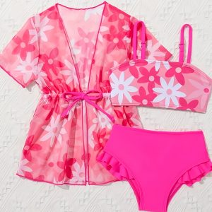 Girl's Swimwear 3PCS Blossoms Print Bikini Set + Cover-up Kimono Set Seaside Pool Beach Vacation Bathing Suits