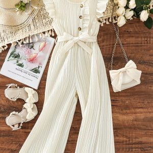 Girls' Ruffled Button-Up Jumpsuit with Belt - Spring/Summer Solid Color Outfit