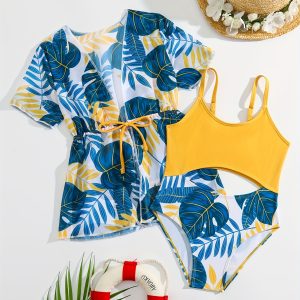 2pcs Girls Tropical Leaf Print Cut Out One Piece Swimsuit With Cover Up Kimono