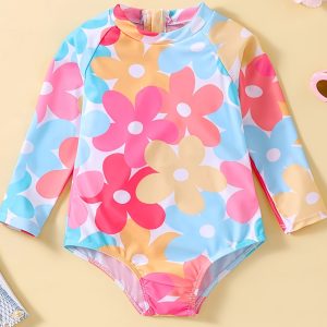 Cute Toddler Girls Flower Graphic Half Zip Long Sleeve 1-piece Swimwear For Summer Beach