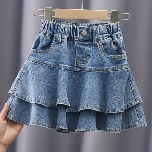 Trendy Layered Denim Skirt with Pockets: Girls' Comfy Summer Skirt Inspired by K-Pop Fashion