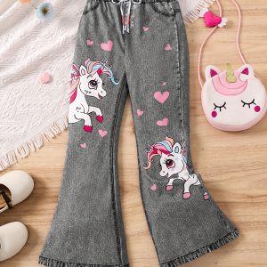 Girls Unicorn Denim Flared Pants with Digital Print, Cute & Fashion Kids Pants