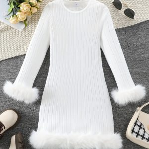 Tween Girls Stylish & Elegant Long Sleeve Faux Furry Hem Ribbed Dress For Spring & Fall Outdoors