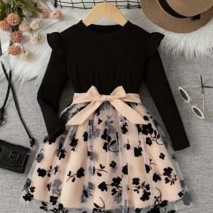 Black Floral Mesh A-line Girls Long Sleeve Party Dress, Sweet & Comfy A-line Party Princess Dresses