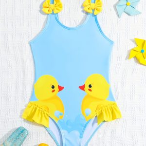 Toddler & Baby Girl Cartoon Duck Graphic Bow Front Ruffle Trim One-piece Swimsuit