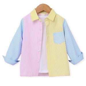 Boys Color Block Striped Pocket Button Lapel Long Sleeve Shirts Tops Kids Clothes For Spring Summer Fall