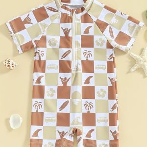 Baby Boys Toddlers Cartoon Plaid Graphic Pattern Cute Short Sleeve One-piece Swimwear, Summer Holiday Beach Surfing & Pool Playing