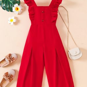 Girls' Stylish Ruffled Button Decor Wide Leg Jumpsuit for Spring & Summer