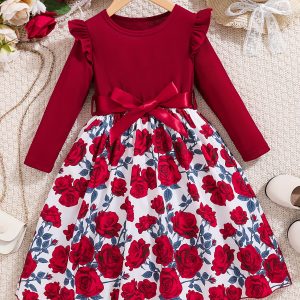 Girls' Ruffled Long Sleeve Floral Print A-Line Dress for Spring/Fall Parties