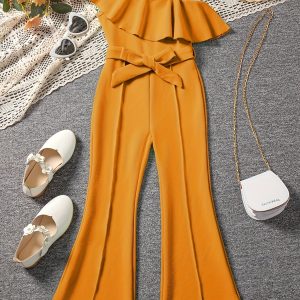 One Shoulder Ruffle Romper Jumpsuit Bowknot Belt Solid Color For Girls Summer