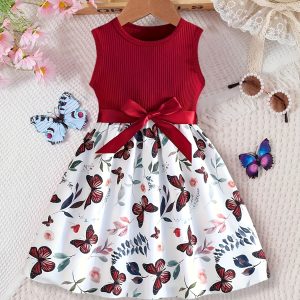 Girls Stylish & Casual Rib Knit Sleeveless Belted Butterflies Pattern Dress For Spring & Summer