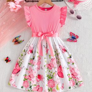 Fantasy Butterfly Print Spliced Midi Dress for Girls, Casual Summer Dresses Gift