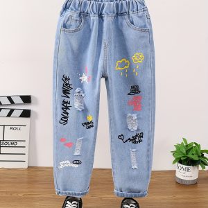 Cartoon Pattern Ripped Tapered Jeans for Girls, Elastic Waistband Denim Kids Clothes