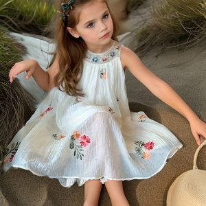 Girls' Sleeveless Floral Tulle Dress, Princess Style Party Dress for Casual Wear