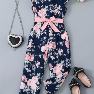 Floral Flutter Sleeve Belted Wide Leg Romper for Girls, Summer Beach Vacation Clothes