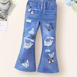 Girls Stylish & Stretchy Butterflies & Ripped Imitation Denim Print Flared Pants For Summer