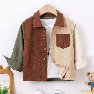 Boys' Colorblock Corduroy Button-Up Long Sleeve Shirts, Spring/Fall Casual Jacket