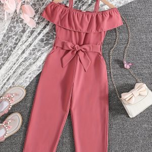 Girls' Elegant Cold Shoulder Ruffle Trim Romper Jumpsuit with Bow Belt for Spring/Summer/Fall Parties