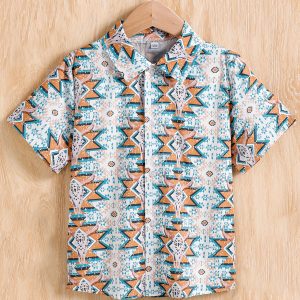 Geometric Pattern Boys' Short Sleeve Lapel Shirt, Summer Casual Tops for Outdoor Play