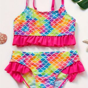 New Girls Swimsuit 3~12 Years Old Kids Stylish Swimsuit Color Fish Scale Print Children's Split Swimsuit - Shorts & Top With Adjustable Shoulder Strap