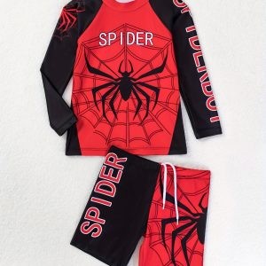 2pcs 2-Piece Cool Spider Pattern Swimsuit Set for Boys, Long Sleeve T-Shirt & Swim Trunks, Stretchy Surfing Suit for Summer Beach Vacation