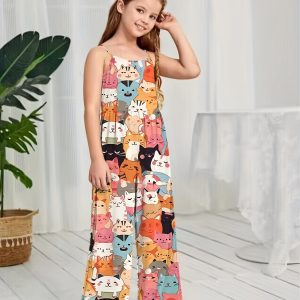 Cartoon Cat Print Cami Romper with Belt for Girls, Trendy Summer Jumpsuit Vacation Gift