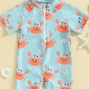 Baby Boys Cute Cartoon Crab Pattern Short Sleeve Quick Dry Swimwear For Summer Holiday Beach Surfing Swimming