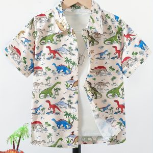 Colorful Dinosaur Print Boys Creative Shirt, Casual Short Sleeve Lapel Shirt Tops, Boys Clothes For Summer Outdoor