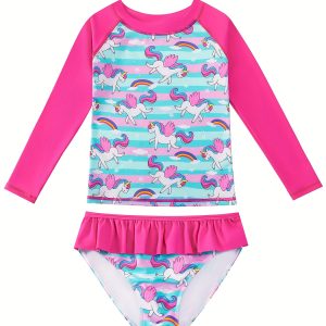 Flamingo Print Girls Swimsuit with Long Sleeve Sun Protection - Perfect for Beach and Pool Fun