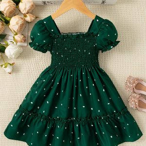 Cute Square Neck Puff Sleeve Toddler Dress for Spring/Summer Parties